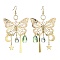 Butterfly & Moon & Star Brass Chandelier Earrings, Glass Long Drop Earrings, Golden, 90x50mm