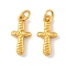 Brass Charms, Cross, Long-Lasting Plated, Lead Free & Cadmium Free, with Jump Ring, Real 24K Gold Plated, 14x7x3mm, Hole: 2mm