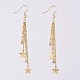 Tassel Dangle Earrings, with 304 Stainless Steel Star Charms & Cable Chains, Brass Rhinestone Charms & Real 18K Gold Plated Earring Hooks, 84mm, Pin: 0.7mm