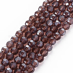 Fili di perle di vetro placcato, lustro di perla placcato, sfaccettato (32 sfaccettatura), tondo, sella marrone, 4mm