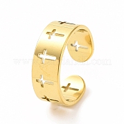 Ion Plating(IP) 304 Stainless Steel Hollow Out Cross Open Cuff Ring for Women RJEW-C053-02G