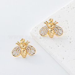Pendientes de botón de esmalte de acero inoxidable 304 para mujer, abejas, dorado, whitesmoke, 22x17mm