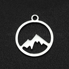 Breloques en acier inoxydable 201 anti-ternissement, Coupe au laser, creux, bague avec montagne, couleur inoxydable, 14x12x1mm, Trou: 1.2mm