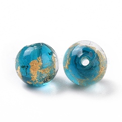 手作りの金箔ガラスビーズ  ラウンド  ミディアムターコイズ  10x9~10mm  穴：1.6~2mm