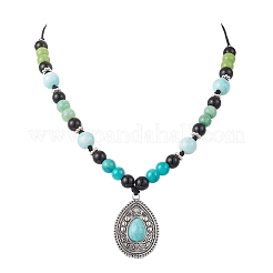 Сплав паве синтетическая бирюза каплевидный кулон выпечка окрашенные круглые стеклянные бусины плетеные ожерелья NJEW-JN05312