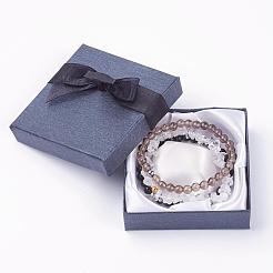 天然混合宝石用ストレッチブレスレット  スモーキークォーツ＆オブシディアン＆クォーツクリスタル  304ステンレススチールビーズ付き  厚紙のアクセサリー箱のパッキング  2インチ〜2-1/4インチ（52~57mm）  1連 /セット&nbsp;BJEW-JB03365-04