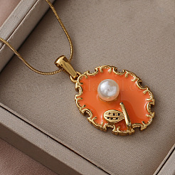 Овальное эмалированное ожерелье из нержавеющей стали 304 с подвеской в виде цветка и искусственным жемчугом.&nbsp;UX2387