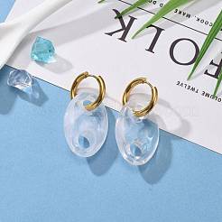 304ステンレススチール製ハギーフープピアス  天然石風スタイルのアクリルリンキングリング付き  オーバル  ゴールドカラー  ホワイト  45mm  ピン：0.8mm&nbsp;EJEW-JE04340-02