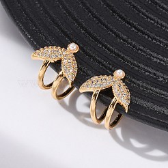 Серьги-каффы из латуни с микропаве из прозрачных кубических цирконий в форме рыбьего хвоста&nbsp;EJEW-Z127-05G