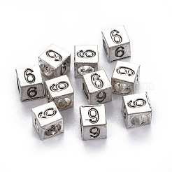 合金ヨーロピアンビーズ  大穴ビーズ  番号の立方体  アンティークシルバー  NUM。6  7x7x7mm  穴：5mm&nbsp;LS-PALLOY-WH0065-52F