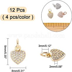 真鍮製マイクロパヴェキュービックジルコニアチャーム  ハート  ミックスカラー  9x8x2mm  穴：3mm  3色  4個/カラー  12個/箱&nbsp;ZIRC-NB0001-33