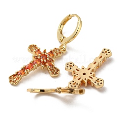 本物の18K金メッキ真鍮ダングルフレンチフックピアス  ガラスと  クロス  サンゴ  38x16mm&nbsp;EJEW-A033-03G-05