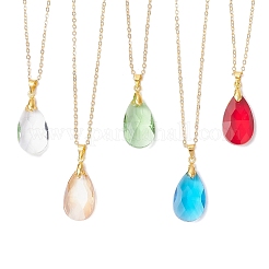 Стеклянный граненый кулон-слеза латунный кабель подвеска ожерелья для женщин NJEW-JN05298
