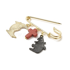 Halloween Ghost & Skull Moon Legierung Emaille Charm Sicherheitsnadel mit synthetischem türkisfarbenem Kreuz&nbsp;JEWB-BR00069-03