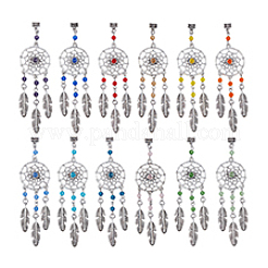 12 шт. 12-цветная плетеная сетка/паутина с перьевым сплавом и подвесными украшениями из стеклянных бусин&nbsp;PALLOY-PH01735