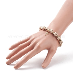 Bracciale elastico con perline in legno ed ematite sintetica con ciondoli a croce in ottone&nbsp;BJEW-JB08488