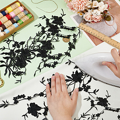 花の形をしたナイロン布の刺繍アップリケ4個  パッチのアイロン/縫い付け  コスチュームオーナメントアクセサリー  ブラック  510x188x1mm&nbsp;PATC-FG0003-78A