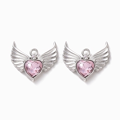 ラックメッキ合金ガラスペンダント  カドミウムフリー＆鉛フリー＆ニッケルフリー  プラチナ  ファセット ハート チャーム ウィング  パールピンク  20x22x4mm  穴：1.8mm&nbsp;FIND-I037-09P-02