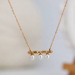 Collier pour femme avec pendentif barre horizontale en acier inoxydable 304 et trois perles de verre rondes. Chaîne câble.&nbsp;WG28E74-01