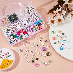 DIYジュエリー作成キット  フラワー＆フラットラウンド＆ハートアクリルビーズを含む  花と星とハートと正方形の手作りポリマー粘土ビーズ  結晶弾性糸  ミックスカラー  ビーズ：520個/セット&nbsp;DIY-YW0003-97