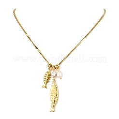 Collares con colgante de pez de acero inoxidable 304 con perla natural de arroz y cadena tipo caja para mujer&nbsp;NJEW-JN06124