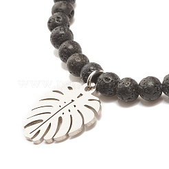 Bracciale elasticizzato in pietra lavica naturale con perline rotonde e charm foglia&nbsp;BJEW-JB07587-03