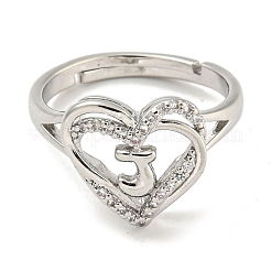 Регулируемые кольца из латуни с микро-паве в форме сердца и стойки для писем для женщин с прозрачным фианитом RJEW-I105-01P-J