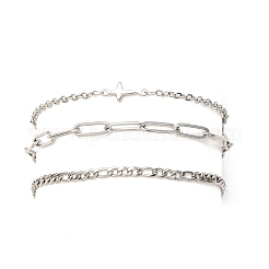 3 шт. 3 стиля браслетов-цепочек и звеньев из нержавеющей стали 304 Figaro и скрепок для женщин&nbsp;BJEW-JB12432