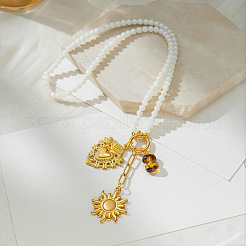Colliers pour femmes avec pendentif cœur sacré et soleil en acier inoxydable 304 et perles de verre blanc&nbsp;WG88FB4-01