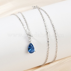 925 серебряное ожерелье с подвеской в виде капли со стразами и сапфиром для женщин&nbsp;NJEW-V013-01P
