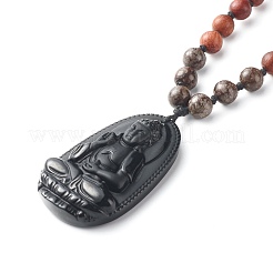 Collane con ciondolo buddha intagliato in ossidiana naturale&nbsp;NJEW-JN03643