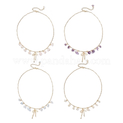 4 stücke 4 arten natürliche rose quarz & weiß mondstein & amethyst & gefärbt aquamarin chip & messing bowknot anhänger messing bar link kette halsketten&nbsp;NJEW-JN05429