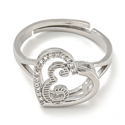 Anillos ajustables de circonita cúbica micro pavé de latón chapado en forma de corazón con letras para mujer&nbsp;RJEW-I105-06P-E