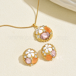 Комплекты из плоских круглых серег-гвоздиков и ожерелий из сплава и пластика с цветком для женщин&nbsp;BS1463