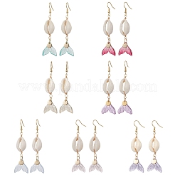 7 пара сережек-подвесок из натурального стекла с ракушками каури&nbsp;EJEW-JE06385