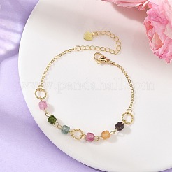 Bracelets en laiton avec tourmaline naturelle multicolore à facettes cubiques et perles pour femmes&nbsp;BJEW-JB14334-01