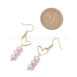 Латунные серьги-подвески в форме сердца с жемчужными бусинами&nbsp;EJEW-JE06901