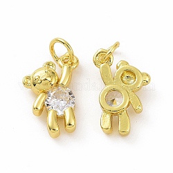 Brass Micro Pave Clear Cubic Zirconia Charms, with Jump Rings, Bear, Clear, 14x11x4mm, Hole: 4mm