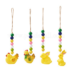 Crafans 4pcs 4 style pâques thème en plastique poule et lapin pendentif décorations, avec corde de chanvre & perles en bois, jaune, 240~282mm, 1pc / style