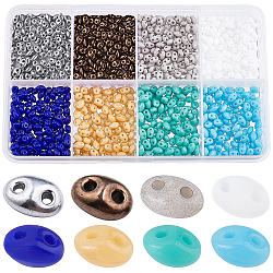 Sunnyclue 800pcs 8 couleurs perles de rocaille à 2 trous, Perles de verre tchèques, couleur mixte, 5x3.5x2.5~3mm, Trou: 0.5mm, 100 pcs / couleur