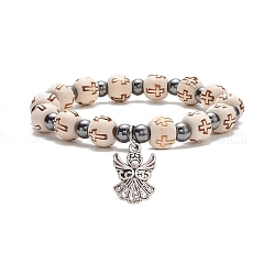 Bracelet extensible en perles de bois et d'hématite synthétique avec breloques en alliage d'ange, bijoux religieux pour femmes, argent antique, diamètre intérieur: 2-1/4 pouce (5.7 cm)
