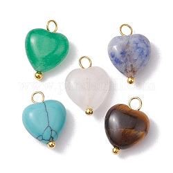 Подвески-сердечки из натуральных и синтетических драгоценных камней, с петлями из медной проволоки, золотые, 14.5x10x5 мм, отверстие : 2.3 мм