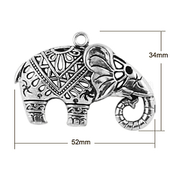 Pendentifs en alliage de style tibétain, sans cadmium et sans plomb, éléphant, argent antique, 34x52x16mm, Trou: 3mm