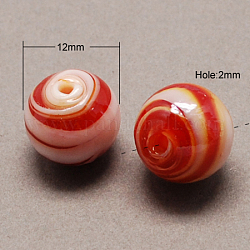 Perles vernissées manuelles, nacré, ronde, rouge, 12mm, Trou: 2mm