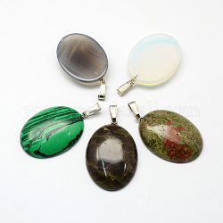 Mixed Oval Gemstone Pendants with Brass Clasps, Platinum Metal Color, Mixed Color, 44x30x8mm, Hole: 10x4mm
