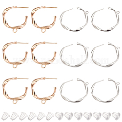 BENECREAT 12PCS Real Gold Plated Brass Stud Earring Fitting, Half Hoop Earrings, Platinum and Yellow Gold Coloured Studs with 30 Plastic Studs for Earring Making，Hole: 2mm