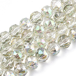 Electroplate Transparent Glass Beads Strands, Faceted, Round, Light Green, 8x7.5mm, Hole: 1mm, about 70pcs/strand, bout 70~72pcs/strand, 20.67 inch~21.26 inch(52.5~54cm)