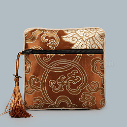 Paño cuadrado de estilo chino bolsos de mano, con borlas de colores al azar y patrón de nubes auspiciosas, saddle brown, 12~13x12~13 cm