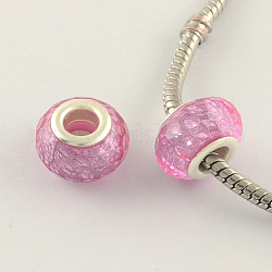 Large Hole Acrylic European Beads, with Silver Tone Brass Double Cores, Faceted Rondelle, Flamingo, 14x9mm, Hole: 5mm