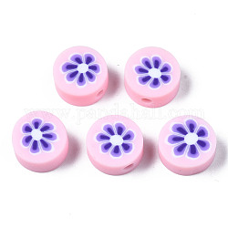 Abalorios de arcilla polimérica hechos a mano, Para suministros de manualidades de joyería diy, plano y redondo con flor, rosa, 9.5~10x4.5mm, agujero: 1.8 mm